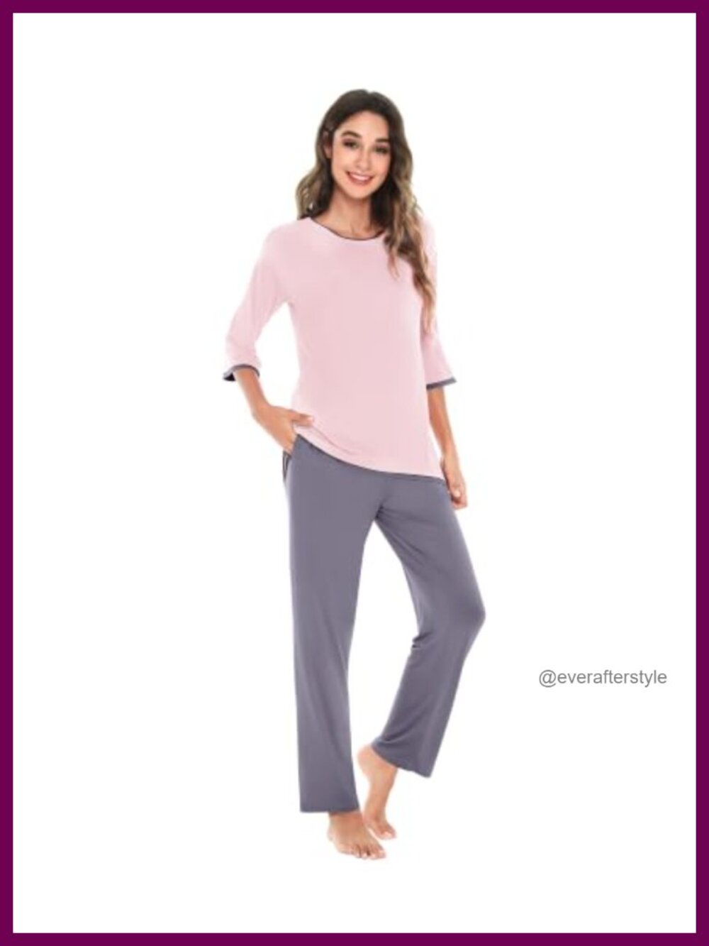 Bamboo Viscose Pajama Set 3/4 Sleeve Scoop Neck Top Pants Pockets Sleepwear